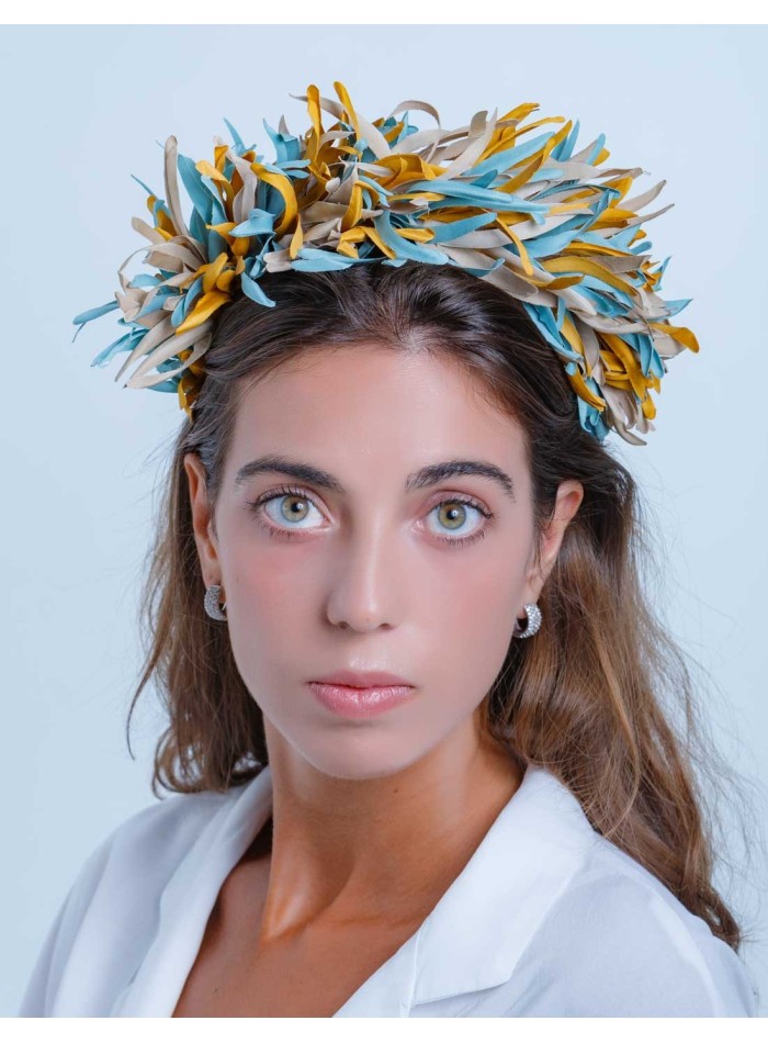 Blue-fringed and mustard maxi headdress for events
