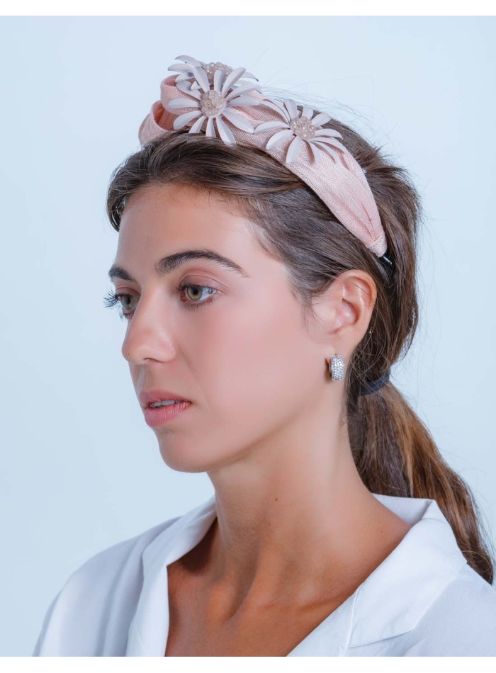 Silk nude headband with flowers and rose quartz crystals for events