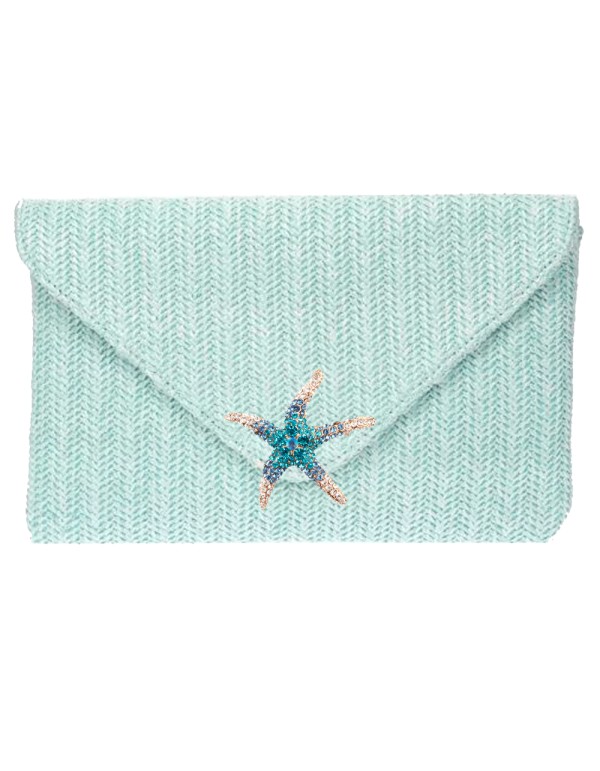 Pastel rafia clutch bag with rhinestone starfish in blue