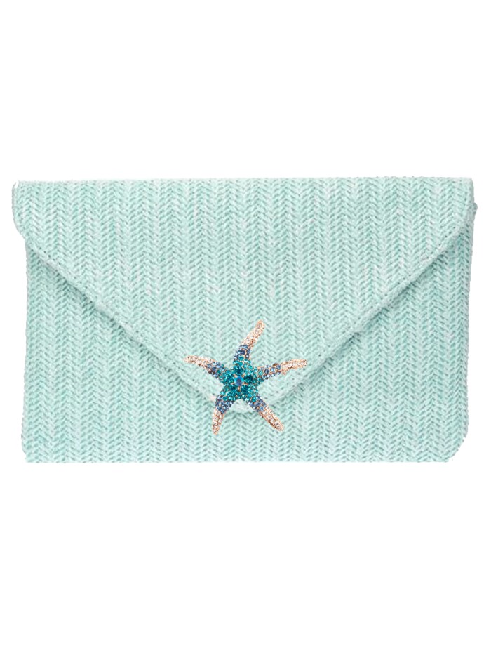 Pastel rafia clutch bag with rhinestone starfish in blue