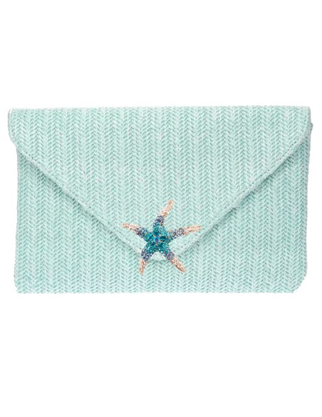 Pastel rafia clutch bag with rhinestone starfish in blue