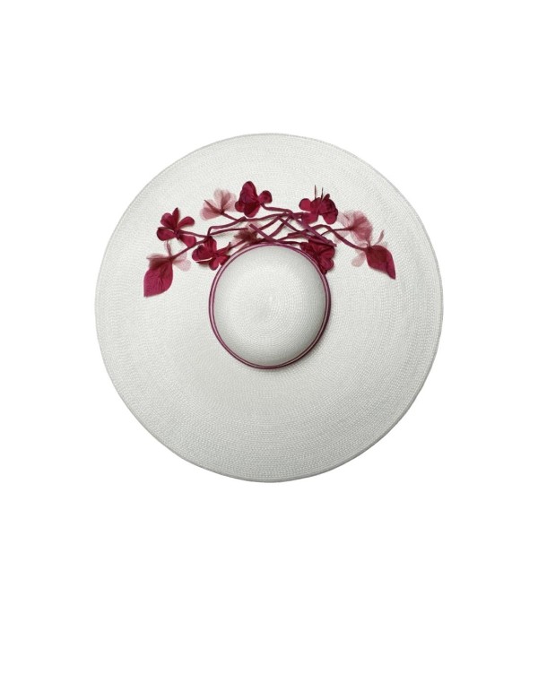 White wide-winged fascinator with bougainvillaea