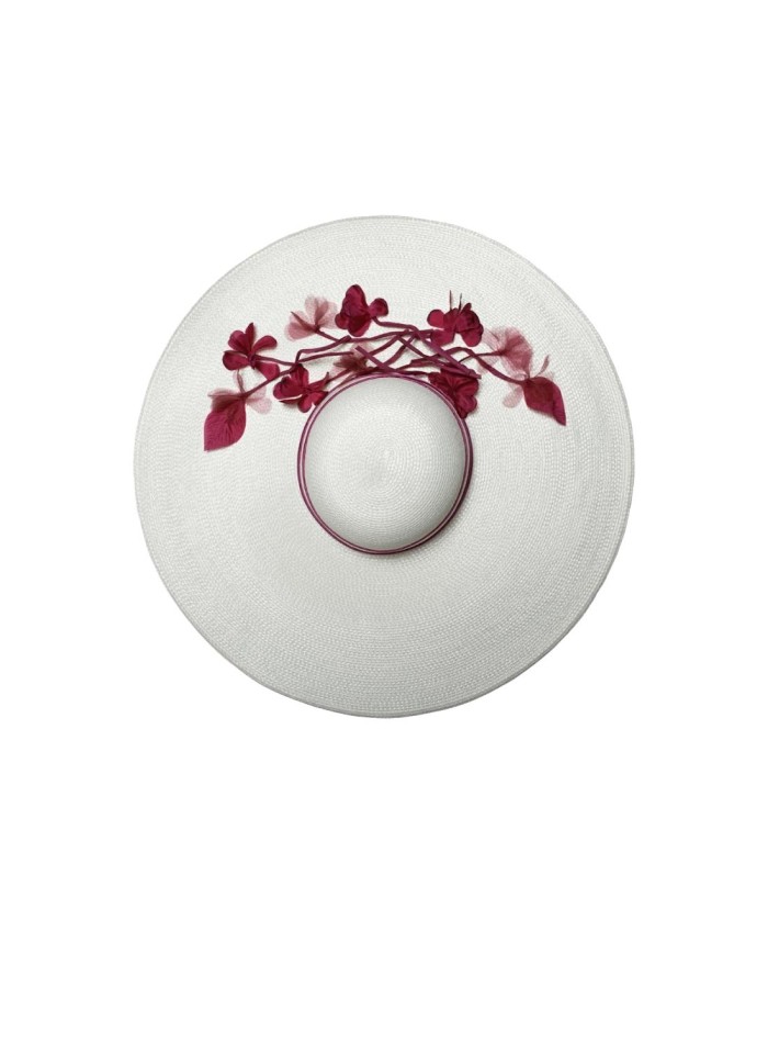 White wide-winged fascinator with bougainvillaea