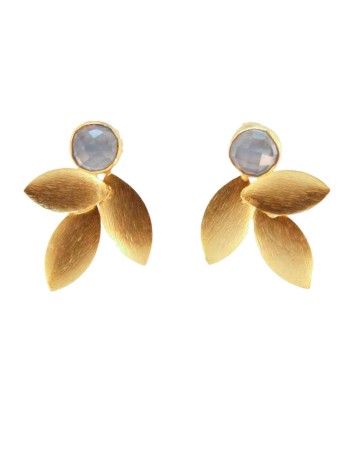 Earrings with three golden leaves and light blue stone