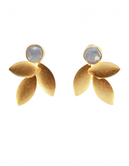Earrings with three golden leaves and light blue stone