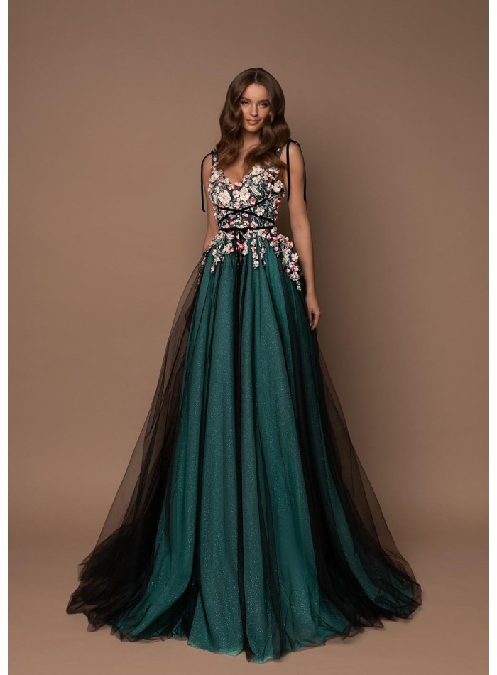Long party dress with transparent bodice and shiny tulle skirt