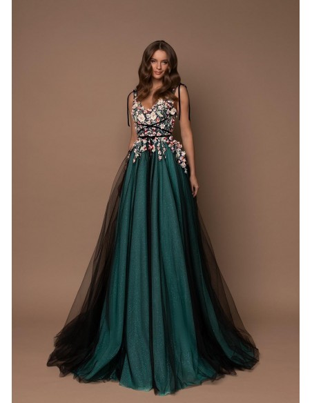 Long party dress with transparent bodice and shiny tulle skirt