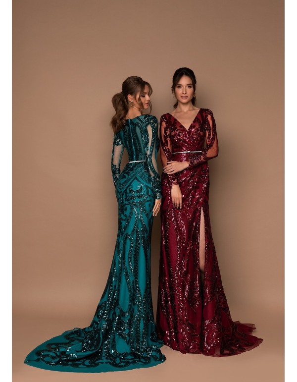 Vestido de gala largo con lentejuelas y manga larga bordada 2