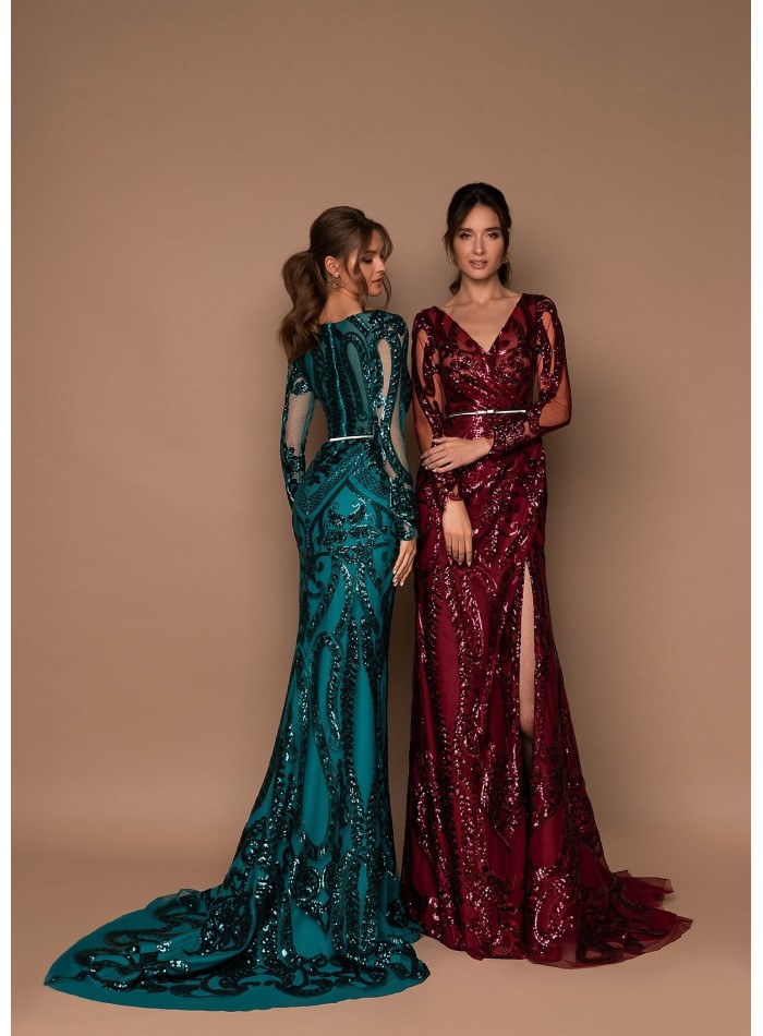 Vestido de gala largo con lentejuelas y manga larga bordada para eventos