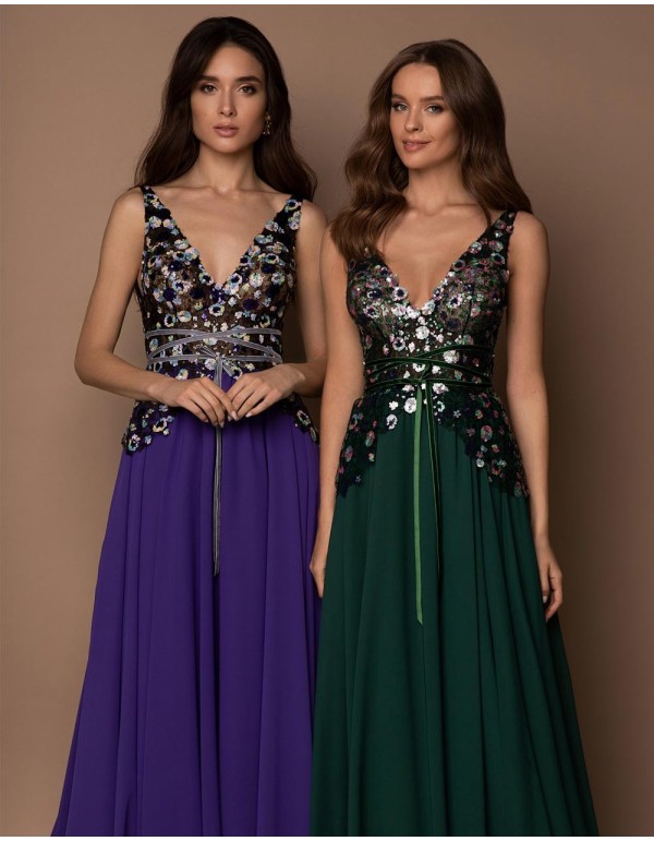 Vestido de fiesta largo con cuerpo de lentejuelas-1