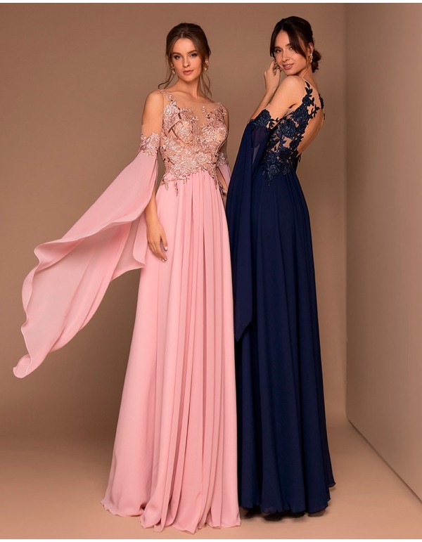 Long gown with transparent bodice and chiffon skirt