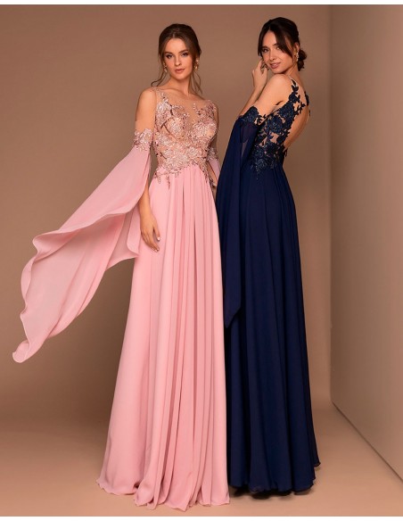 Vestido de fiesta largo con cuerpo con trasparencias y falda de gasa