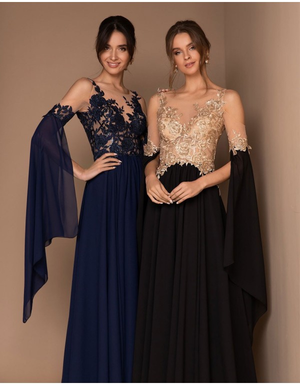 Vestido de fiesta largo con cuerpo con trasparencias y falda de gasa 2