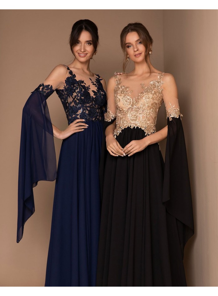 Vestido de fiesta largo con cuerpo con trasparencias y falda de gasa-1