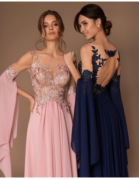 Vestido de fiesta largo con cuerpo con trasparencias y falda de gasa-2