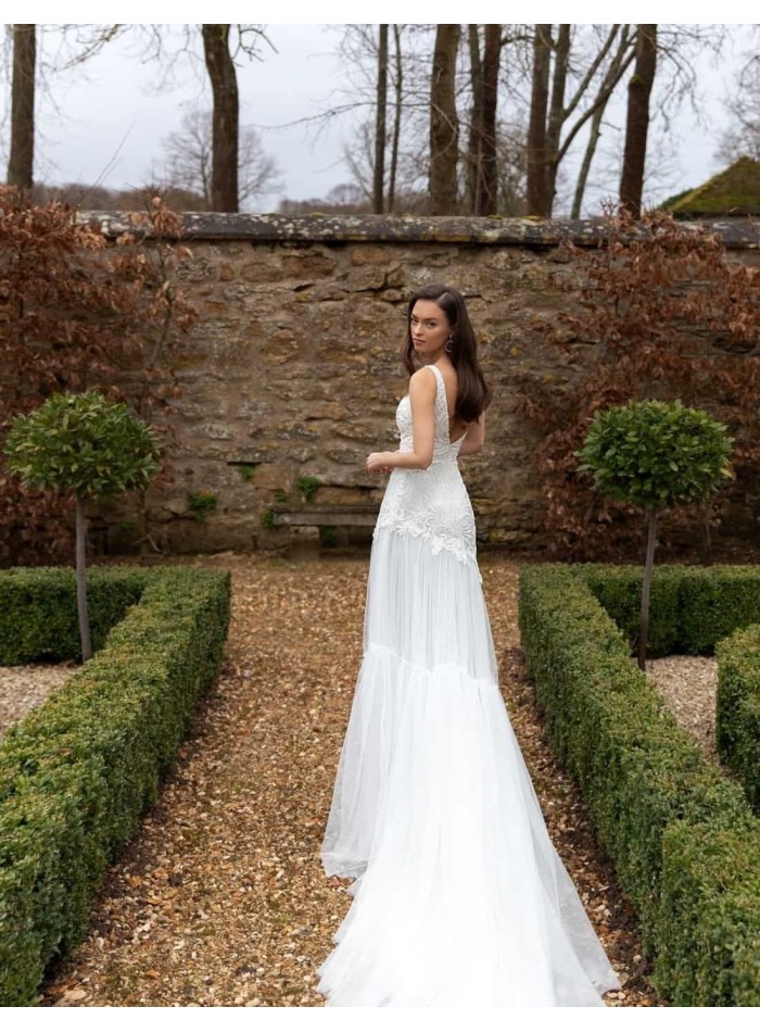 Wedding dress with rhinestone embroidery and bare shoulder beautiful