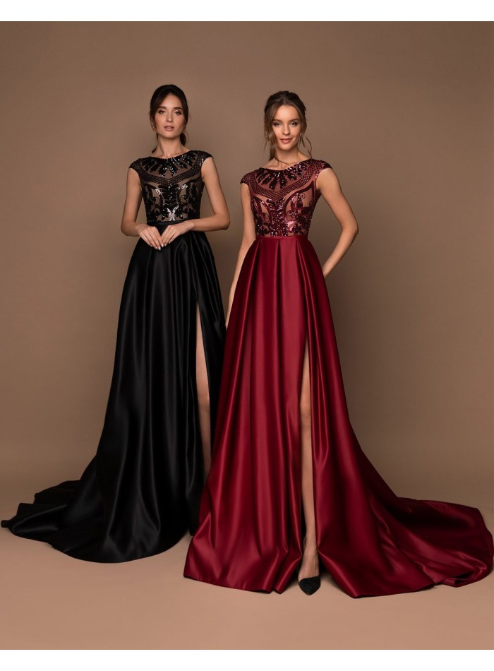 Vestido de fiesta largo con cuerpo de pedrería y falda con vuelo-1