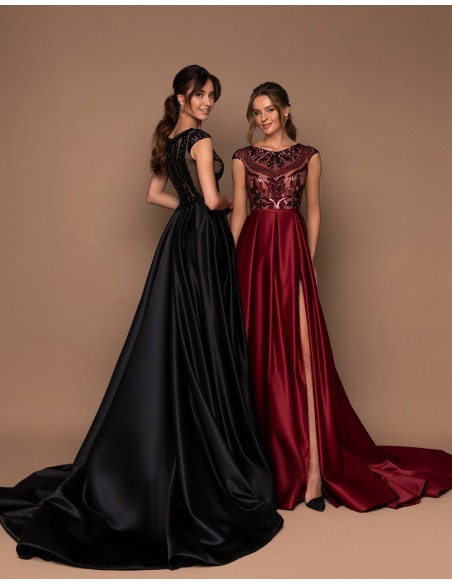 Long party dress with beaded bodice and flared skirt-1