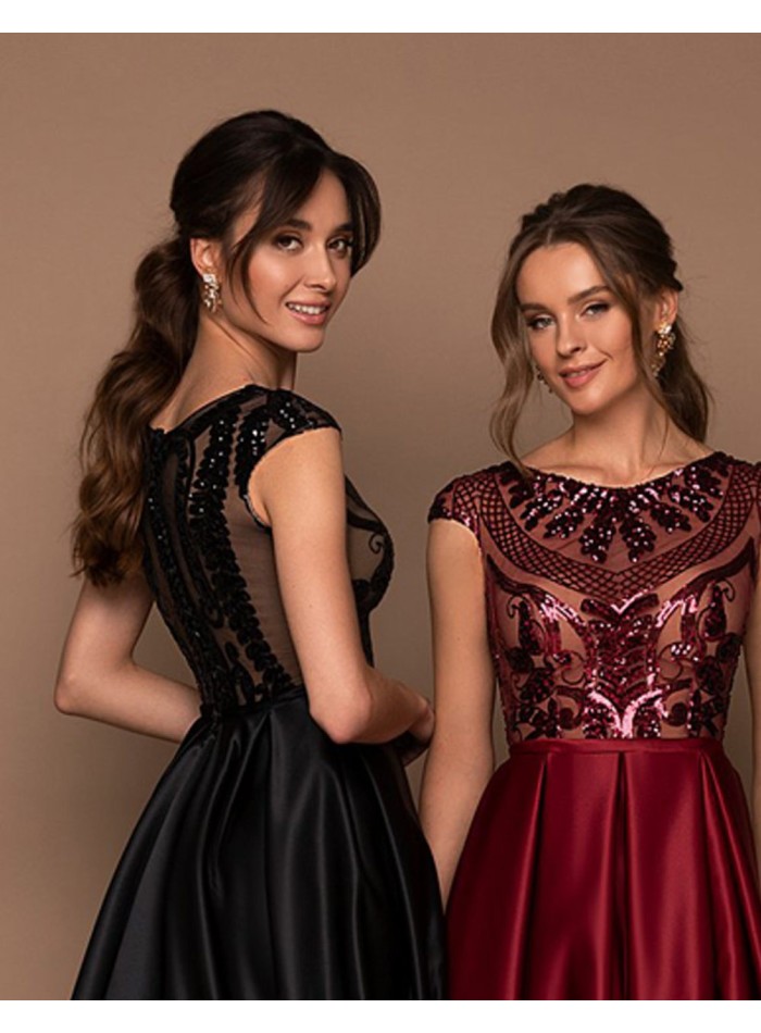 Vestido de fiesta largo con cuerpo de pedrería y falda con vuelo-2