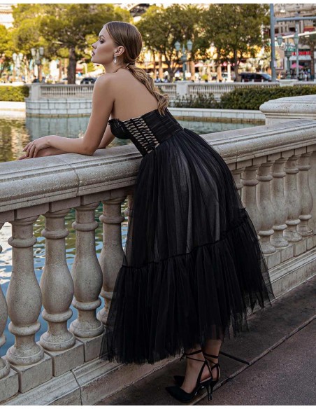 Midi ball gown with draped bodice and strapless neckline