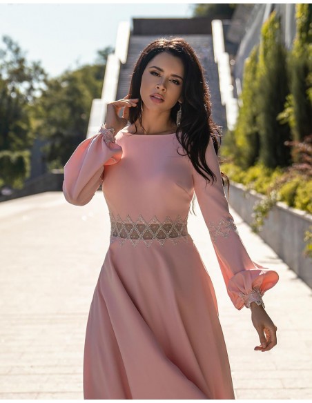 Vestido de fiesta largo con espalda abierta en pico y manga larga-2