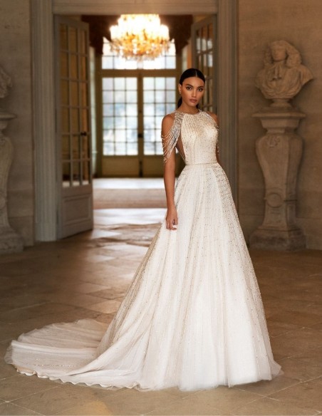 Wedding dress with fallen rhinestone shoulders from Pollardi
