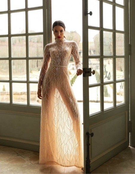 Wedding dress with beaded embroidery and long sleeves from Pollardi