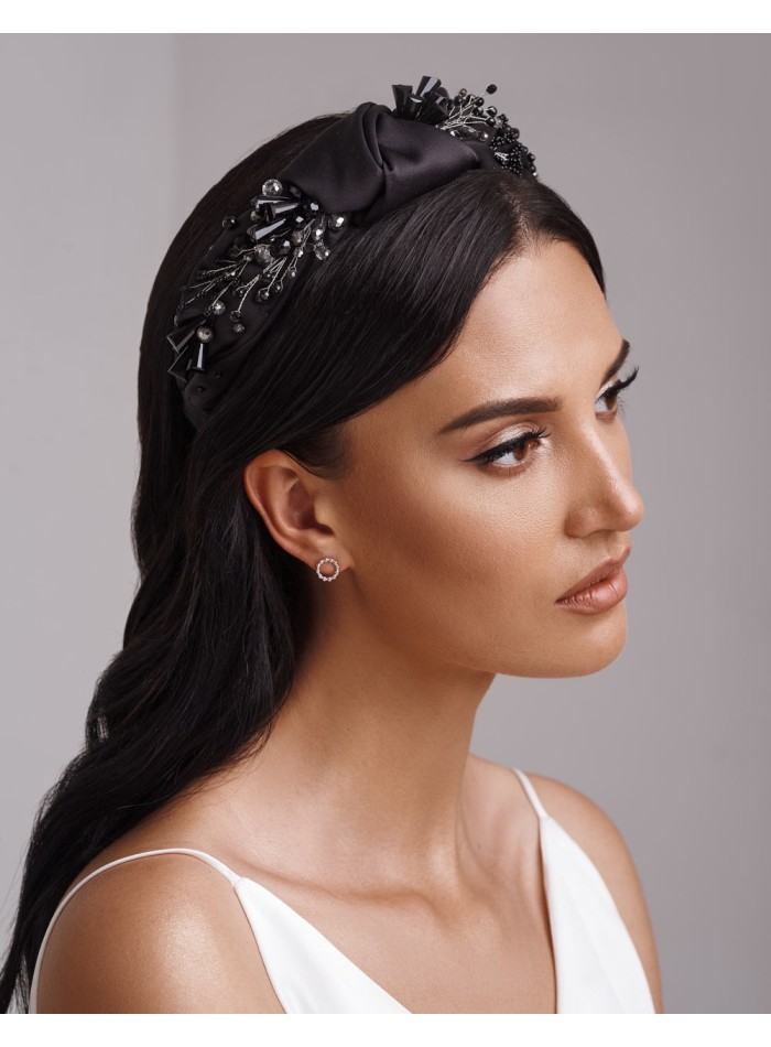 Satin headband with side knot and beads-black-1