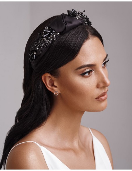 Satin headband with side knot and beads-black-1