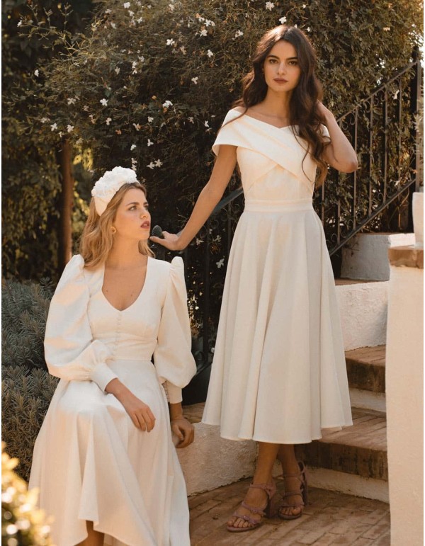 Wedding dress with crossover bateau neckline and flared skirt 2