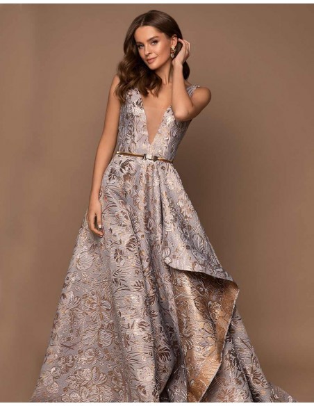 Vestido de fiesta largo con estampado jacquard y escote en pico-1