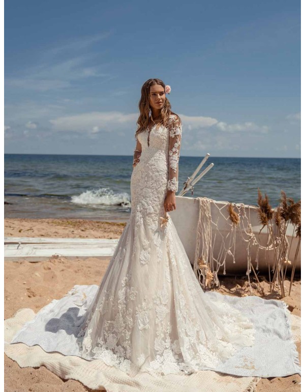 Embroidered beaded wedding dress with V-neckline and long sleeves in luxurious tattoo effect lace by ANNIE VICTOR