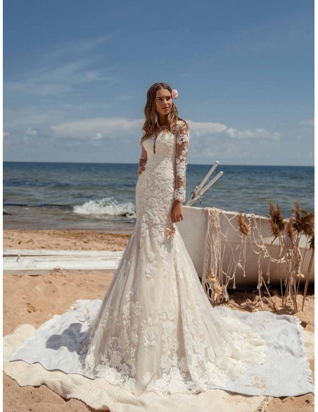 Embroidered beaded wedding dress with V-neckline and long sleeves in luxurious tattoo effect lace by ANNIE VICTOR