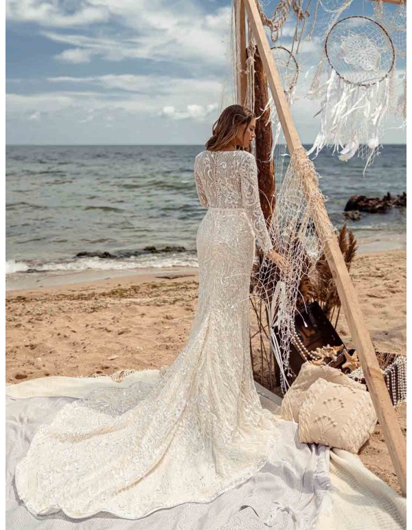 Flared wedding dress with crossover V-neckline and luxurious semitransparent lace