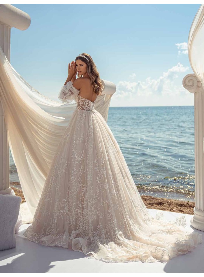 Evasée wedding dress with strapless neckline and open back in embroidered tulle with pretty bodice