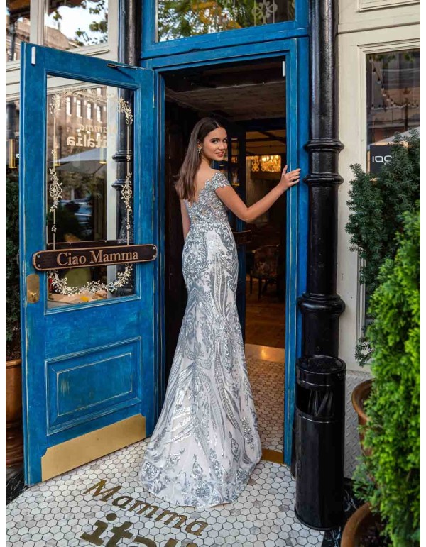 Long princess cut party dress with silver brocade and bandeau neckline. 2