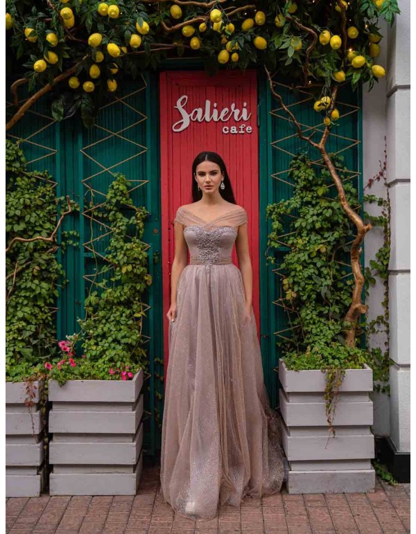 Powder pink long party dress with tulle crossover bandeau neckline