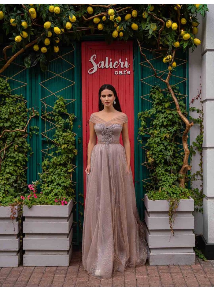 Powder pink long party dress with tulle crossover bandeau neckline