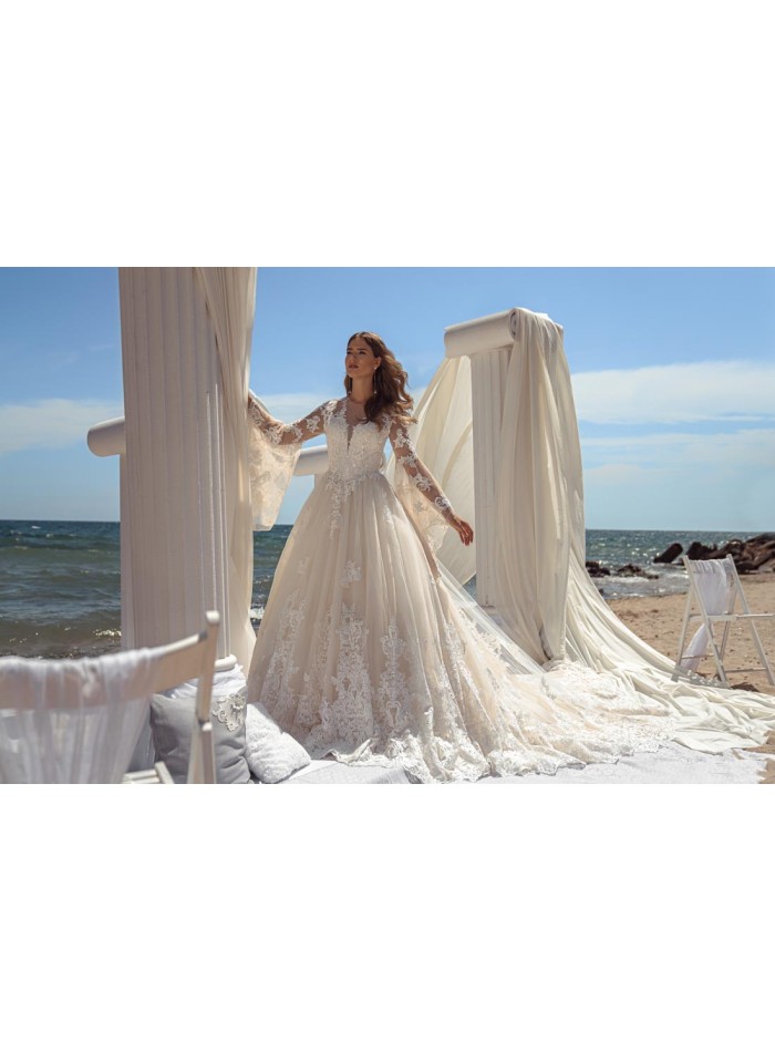 Princess wedding dress with long sleeves in tulle and guipure semi-transparent effect Jeorjett Fashion Group - 2 