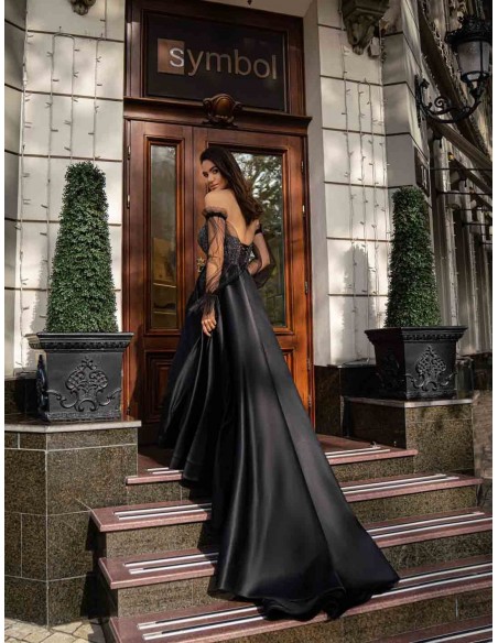 Evening dress with a bandeau neckline and tulle puffed sleeves by Jeorjett