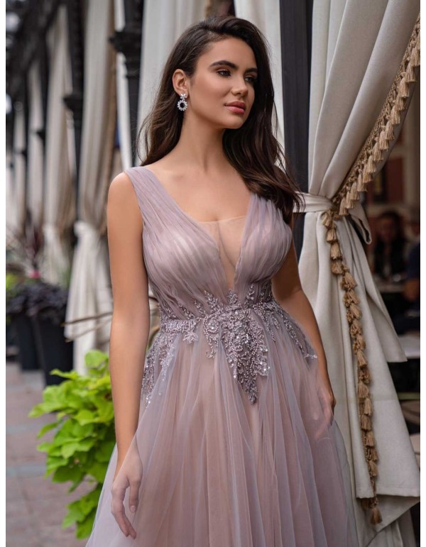 Powder pink evening dress with pleated tulle and rhinestones in the centre for guests 2