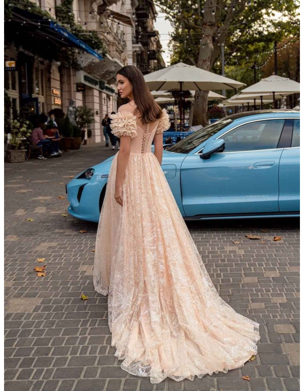 Long salmon evening dress with a bustier and embroidered tulle skirt 2