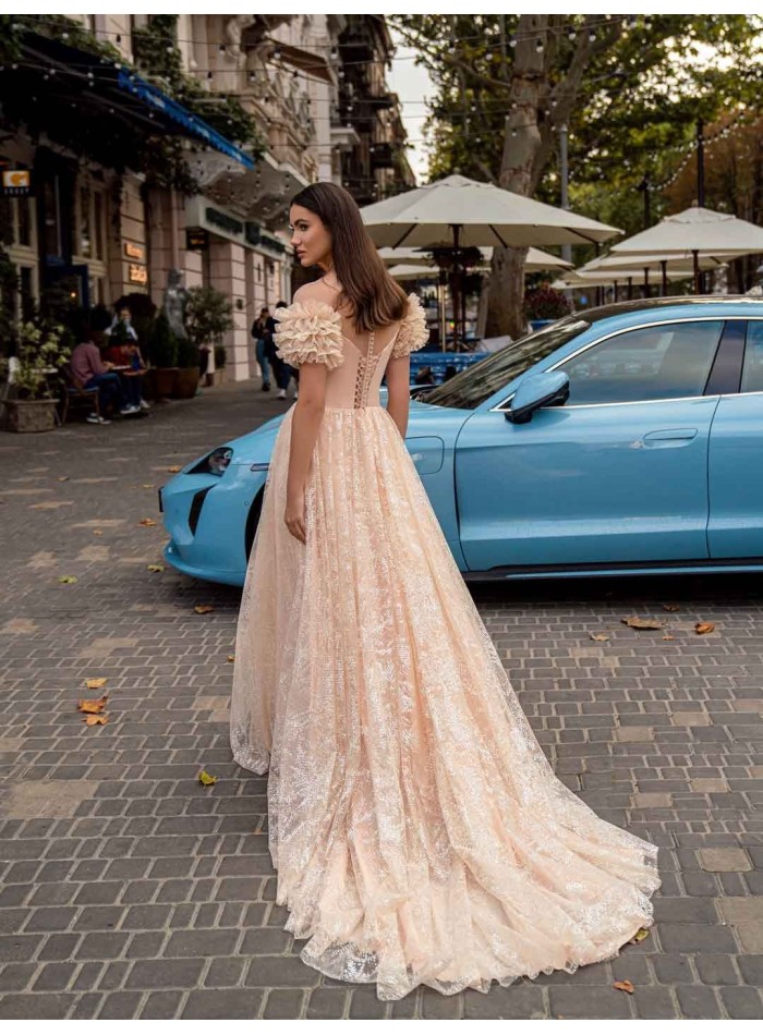 Long salmon evening dress with a bustier and embroidered tulle skirt for guests