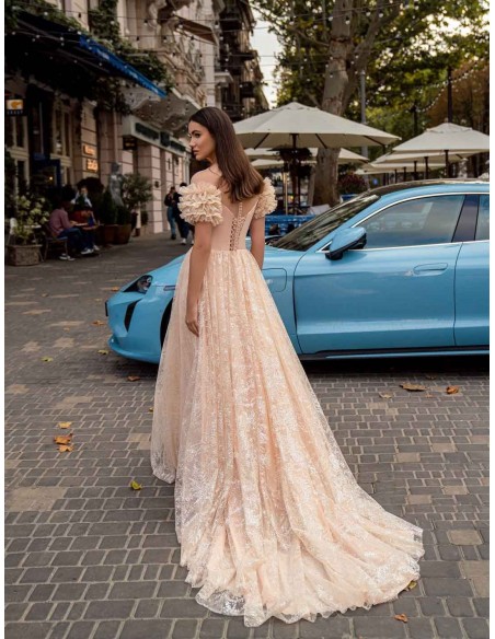 Long salmon evening dress with a bustier and embroidered tulle skirt for guests