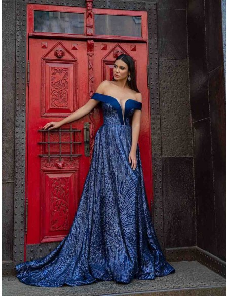 Long evening gown with a long sequined skirt and open bandeau neckline