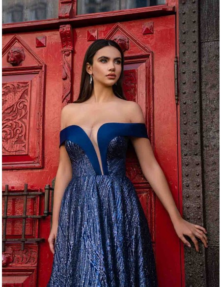 Long evening gown with a long sequined skirt and open bandeau neckline for sister of the bride