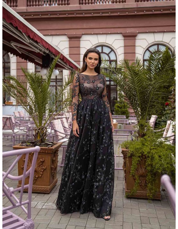 Vestido largo de noche con manga larga de encaje y falda de tul negra