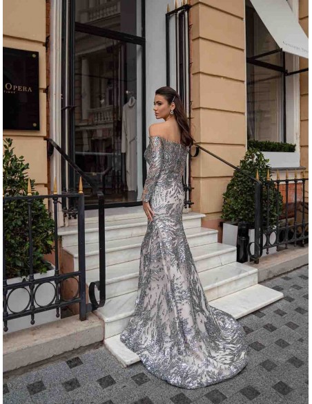 Long evening gown with bandeau neckline and sequin brocade