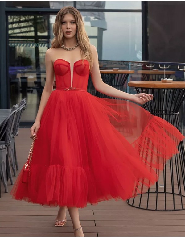 Midi formal dress made in tulle with strapless neckline-1