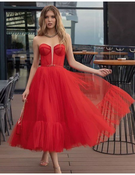 Midi formal dress made in tulle with strapless neckline-1
